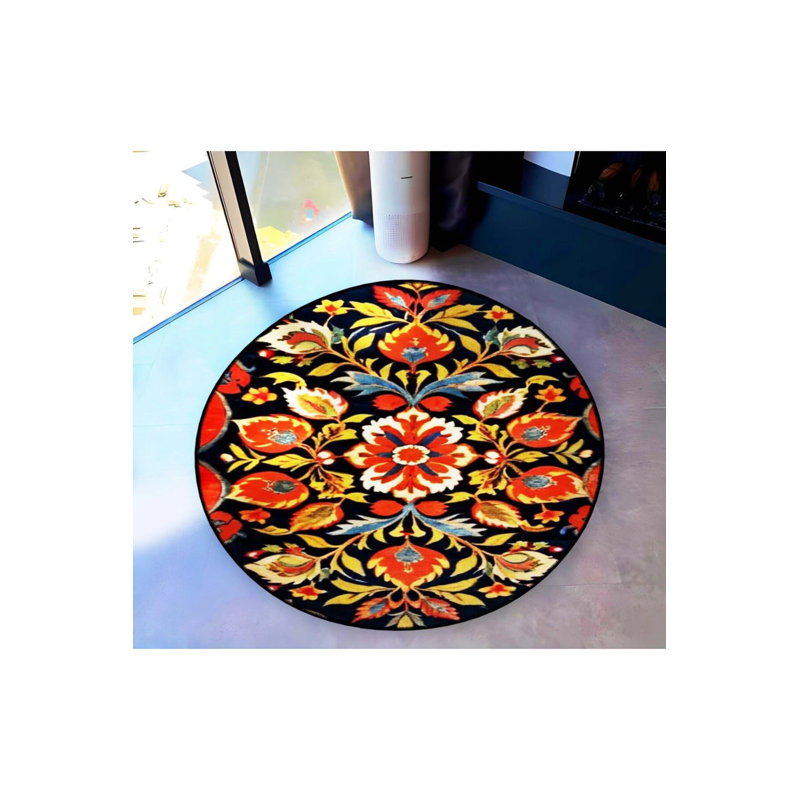 Multicolored Floral Motif Traditional Patterned Round Woven Base Vintage Decorative Carpet, Round 4'
