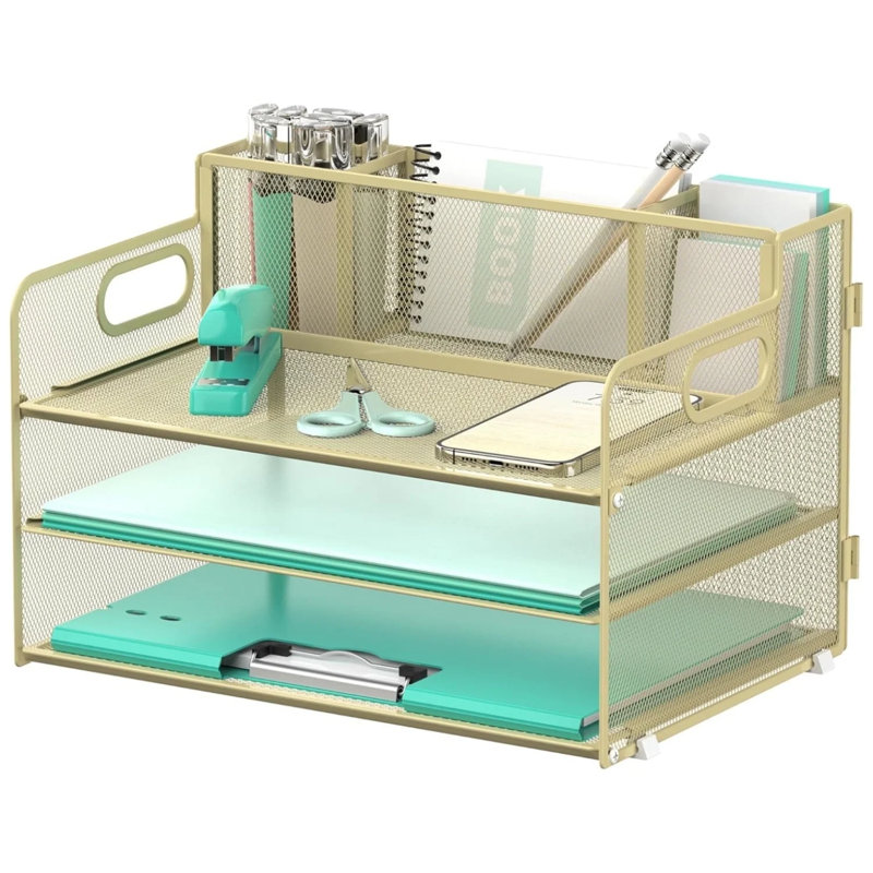 Organisateur de bureau à 3 niveaux avec poignée et 3 porte-stylos, Jaune