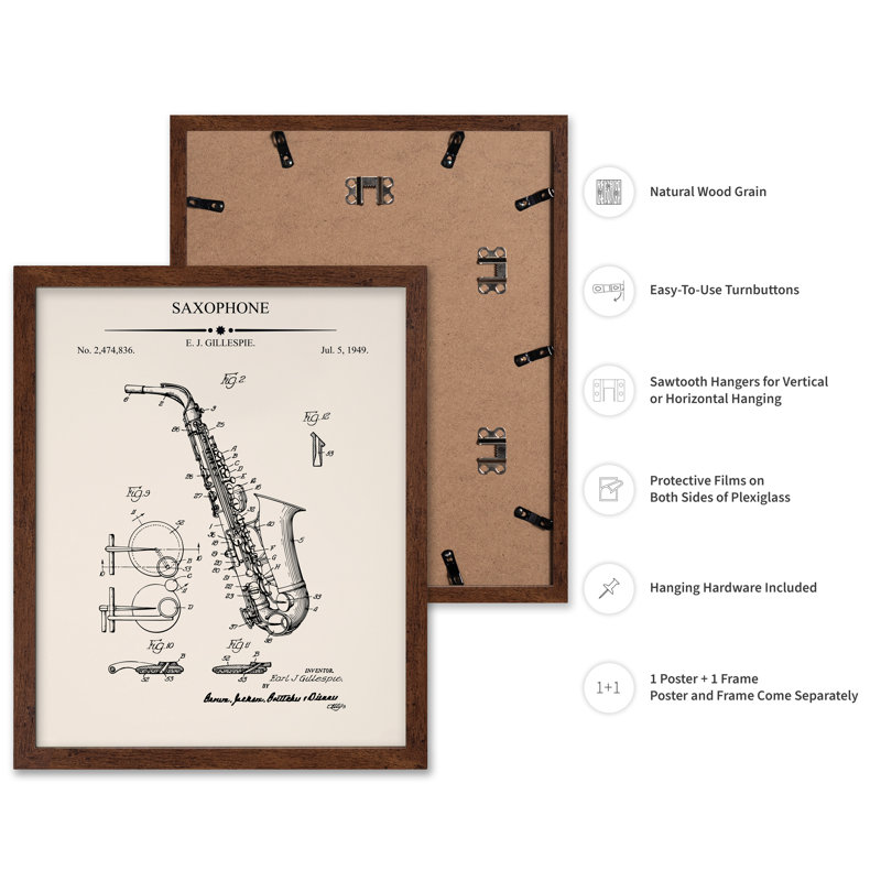 Saxophone Blueprint, Poster, 08"H x 10"W, Brown Framed