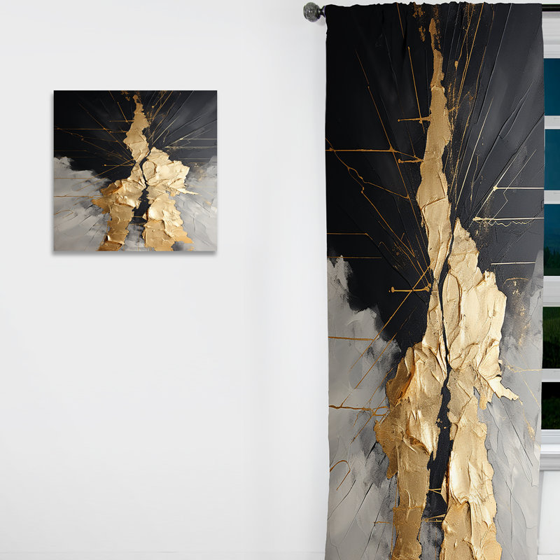 Méditation abstraite noire et dorée I - Rideau abstrait occultant avec peinture abstraite - 1 panneau, L 52 po x L 84 po