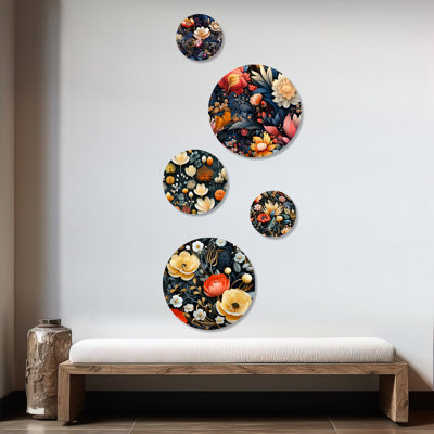 Penning - Floral Floral Round Wall Art Set Of 5
