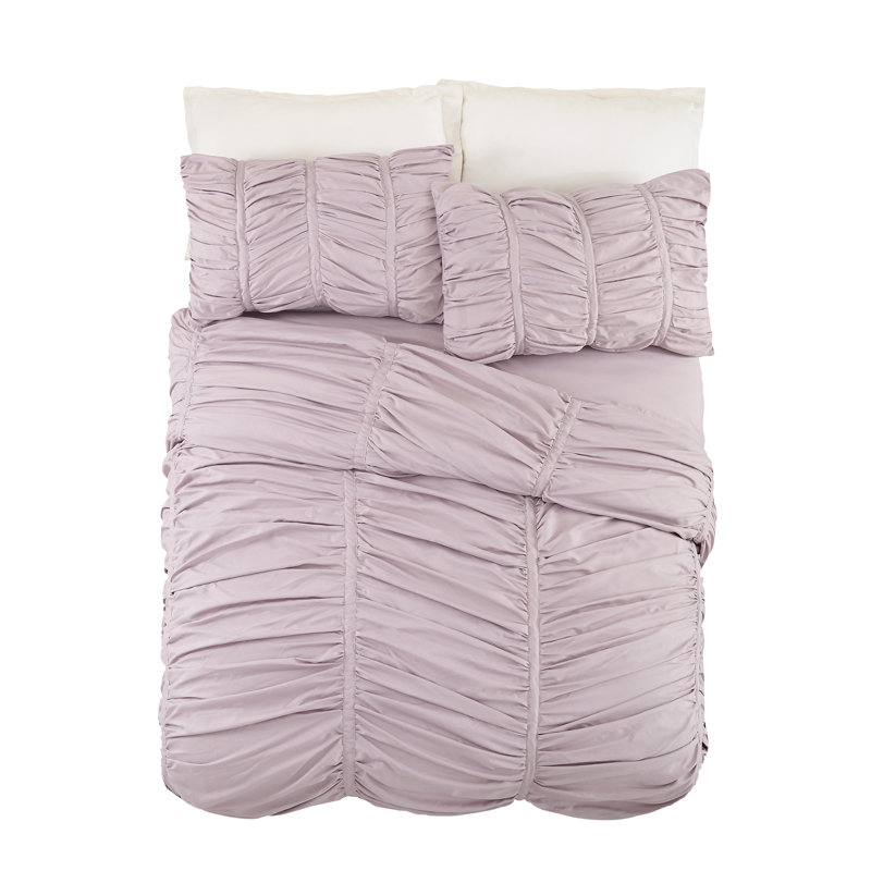 Emily Ruched Solid Textured Comforter Set, Purple, Full/Queen Comforter + 2 Shams