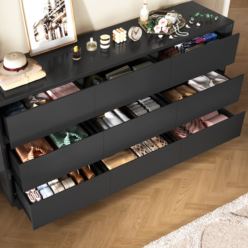 Commode 63 po avec 9 tiroirs, commode noire avec glissière en métal, commodes de chambre à coucher, commodes en bois et commodes de chambre à coucher, couloir, noir