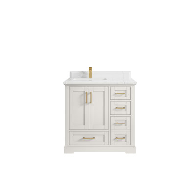 Boston 36 In. W X 22 In. D Left Offset Sink Bathroom Vanity In Alabaster With Cove Edge Quartz