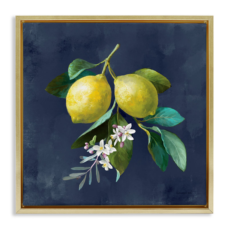 «Lemon Branches on Blue» par Danhui Nai, Cadre flottant métallique doré, H 25 po x l 25 po