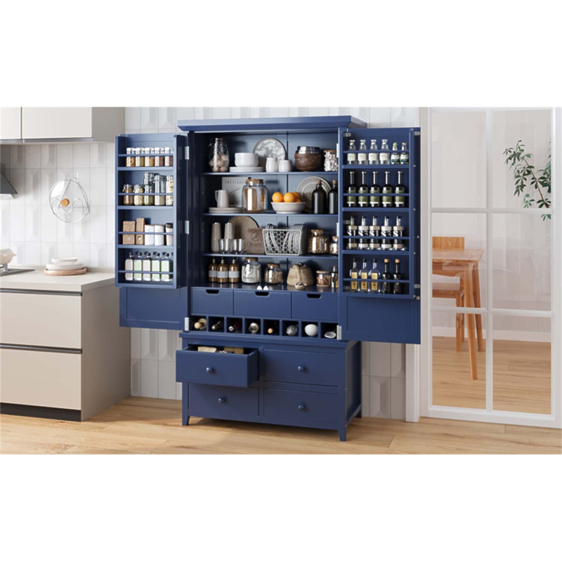 Grande armoire de rangement autoportante en bois avec 8 portes, 3 tablettes réglables, 7 tiroirs et 8 supports à vin pour une organisation efficace
