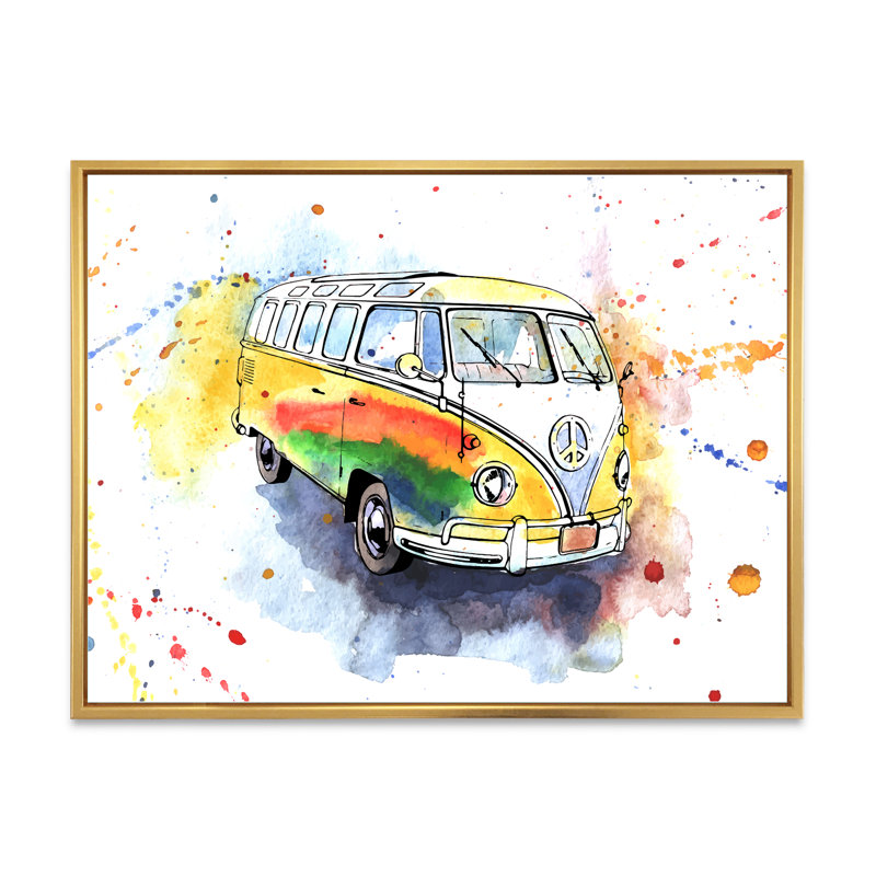 «Retro Grungy Hippy Bus», peinture sur toile, H 24 po x l 32 po x P 1 po, Cadre flottant doré