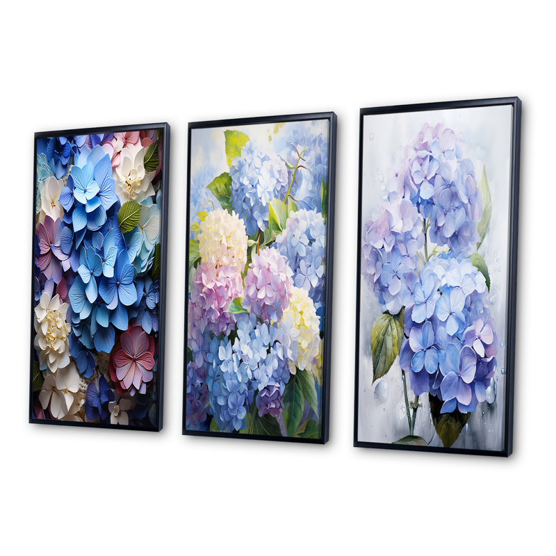 «Blue Hydrangea Garden Enchantment», 3 pièces sur toile, H 32 po x l 48 po, Cadre noir