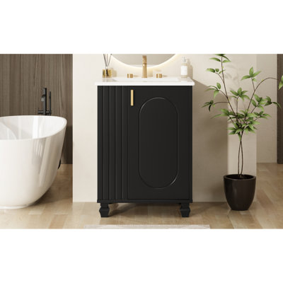 Meuble-lavabo de 24 po avec lavabo lisse, structure en pin massif, rangement latéral ouvert et tablettes à 2 niveaux derrière la porte, finition noire de 24 po, poignées en métal en céramique sous la tablette de l'évier