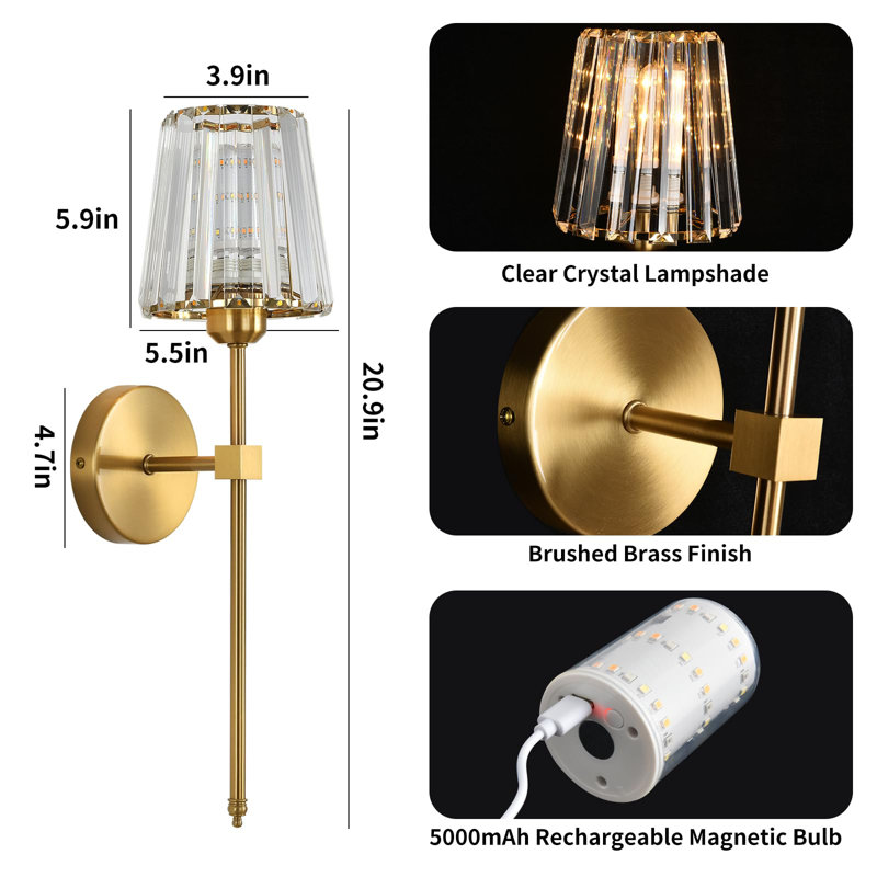Wireless Wall Lamps with USB Rechargeable LED Bulbs, 12-Colour Dimmable Lighting & Remote Control, Gold