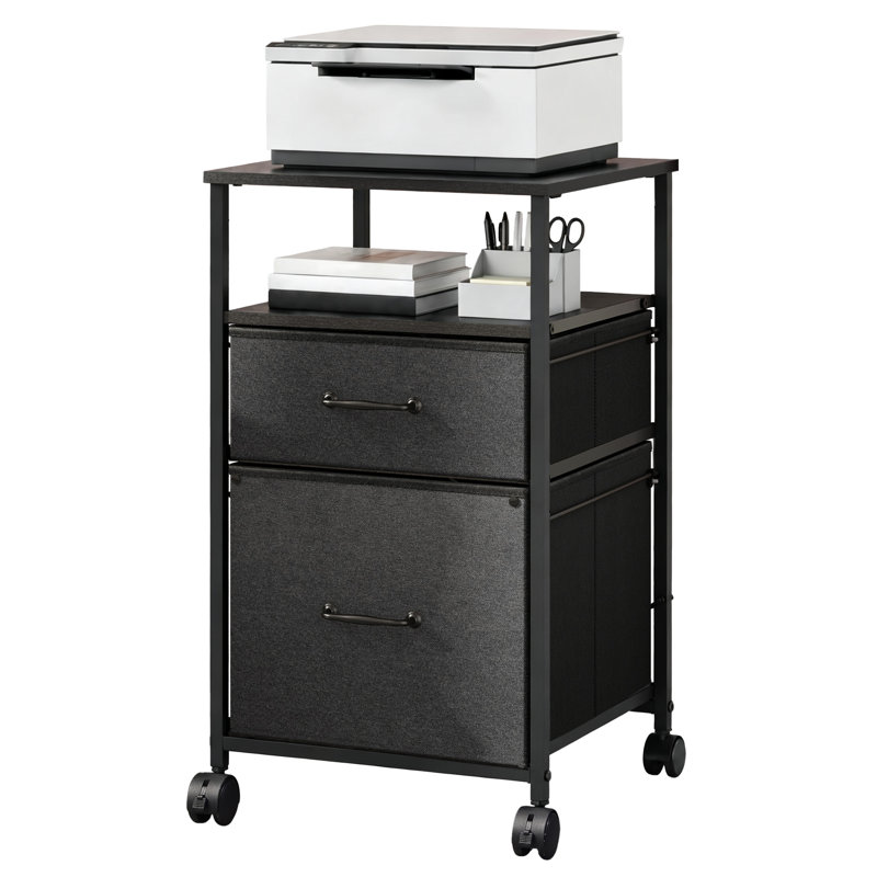 15.4" Wide 2 Drawer Mobile File Cabinet, Fabric Vertical Filing Cabinet With Open Storage Shelf,Rolling Printer Stand, Black