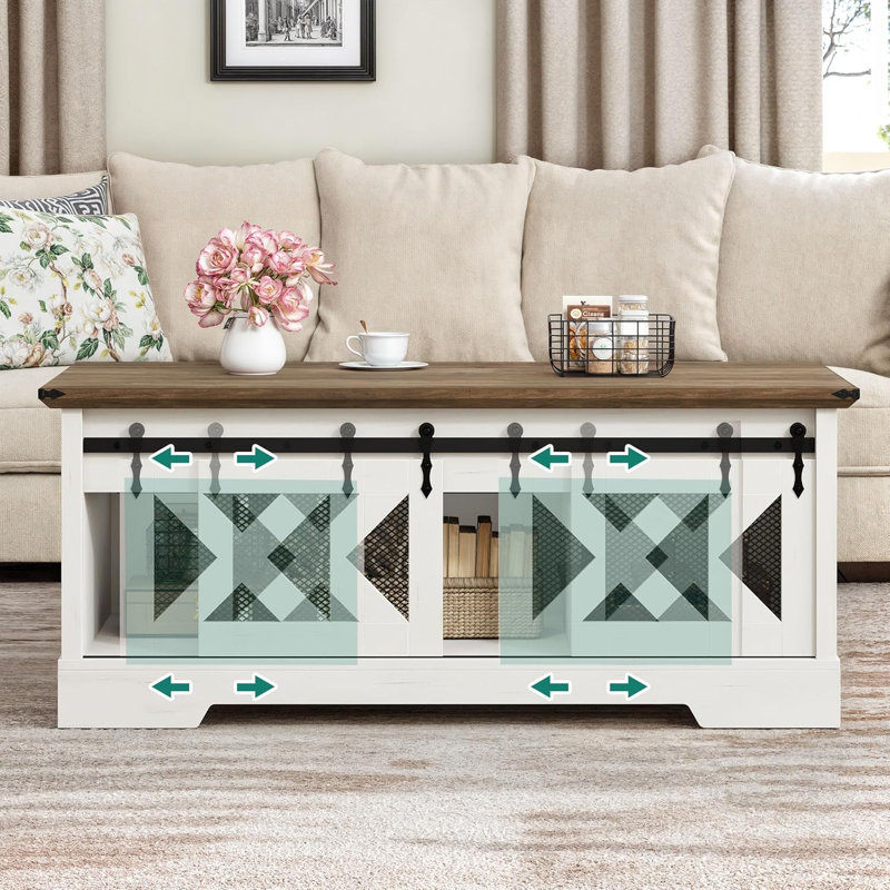 Table basse de style campagnard, table basse à plateau relevable avec rangement et porte de grange à rainures coulissantes, table centrale rustique pour le salon