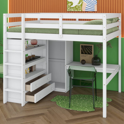 Lit mezzanine double en bois avec bureau, lit robuste avec garde-robe intégré, tablettes de rangement et tiroirs