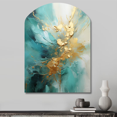 Gold And Teal Aurora Harmony II - Abstract Spirals Arch Shape Irregular Metal Wall Decor