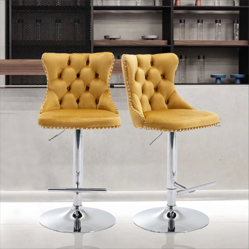 Swivel Upholstered Adjustable Height Counter Stool with Metal Frame, Silver, Gold