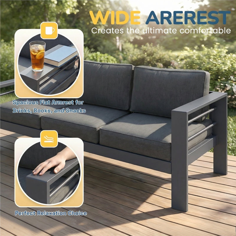 Canapé d'extérieur tout aluminium pour tous les temps, siège de patio pour 3 personnes avec coussin moelleux, siège d'extérieur avec accoudoirs élargis de 3,2 po