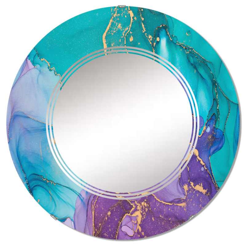 Turquoise et mauve liquide Art I - Miroir mural moderne rond, 32 po x 32 po