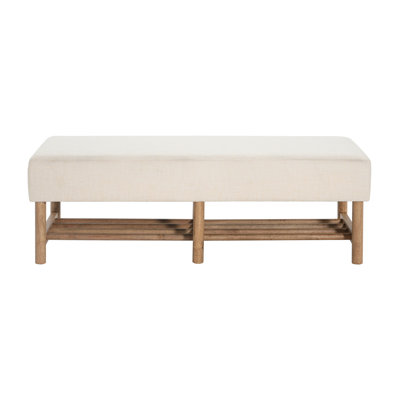 Banc rectangulaire rembourré en lin mélangé avec pieds en bois d'hévéa et tablette de rangement ouverte inférieure, pouf beige rembourré pour chambre, salon et coiffeuse