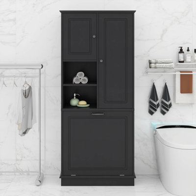 Tall Storage Cabinet With Flip-Out Basket, Adjustable Shelves & 2 Doors