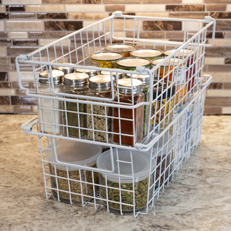 Stackable Metal Storage Baskets, White, 5.5" H x 9" W x 16" D