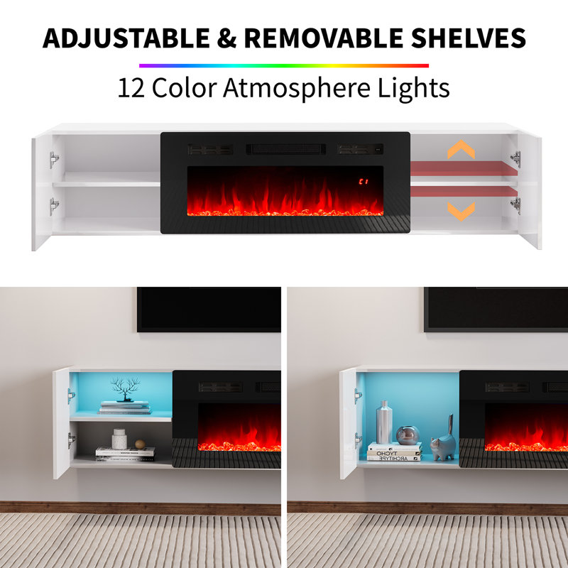 Bhhatu Highgloss Wall Mounted Floating Fireplace TV Stand, White, 68"