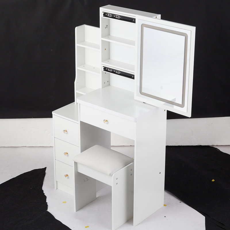 Small Size Left Bedside Cabinet Vanity Table + Cushioned Stool, Large Sliding, Touch Control, Tri-Color Switching, Brightness Adjust LED Mirror, High Capacity Storage