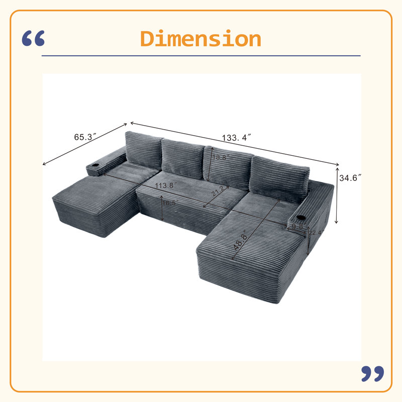 Ensemble de canapé modulaire compressible en forme de U, canapé modulaire de style minimaliste, canapé en tissu velours côtelé pour le salon
