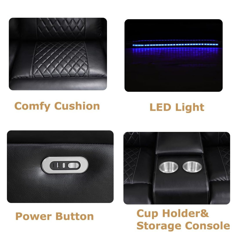 Canapé inclinable en cuir 185 po avec lumières DEL, console de rangement et conception à plat réglable