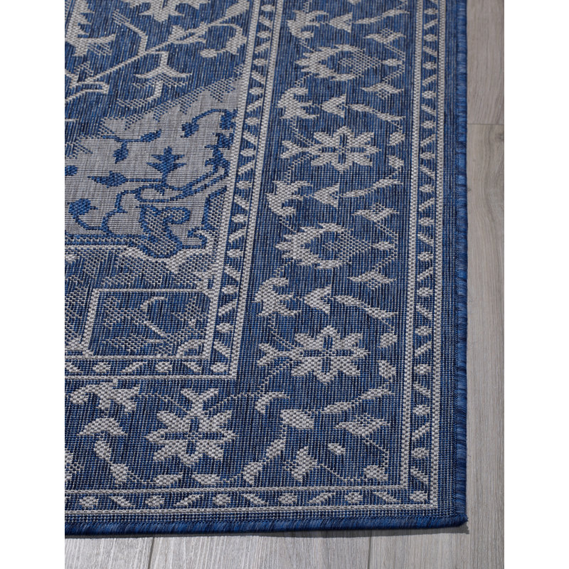 Tapis oriental bleu / gris en polypropylène tissé à la machine Rectangle, Rectangle 7 pi 8 po x 9 pi 8 po