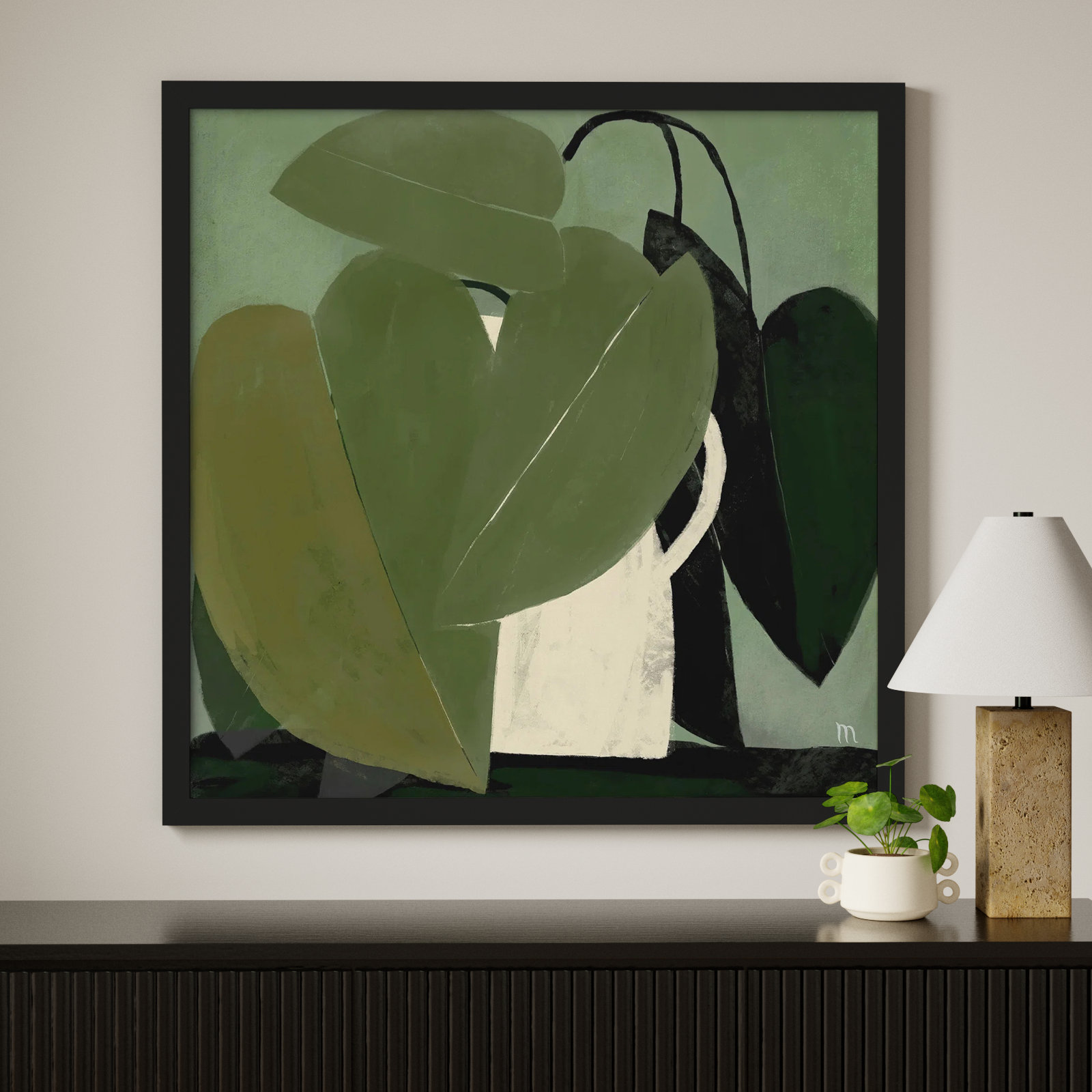 Plant "Green on Green" Painting, 44" H x 44" W x 1.25" D, Black