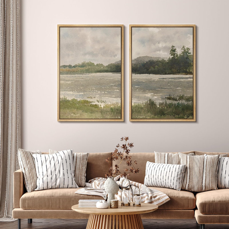 «Quiet Lakeside Morning Peaceful Nature Scene», 2 pièces sur toile, H 24 po x l 32 po, Naturel