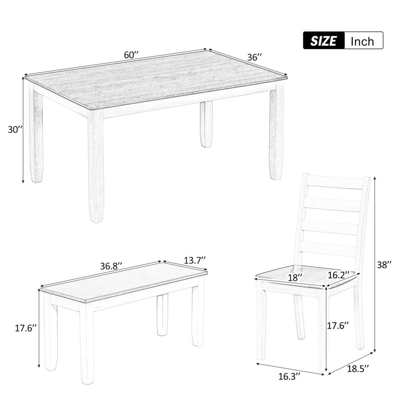Rustic Walnut Rectangular Dining Table Set with 4 Chairs and Bench