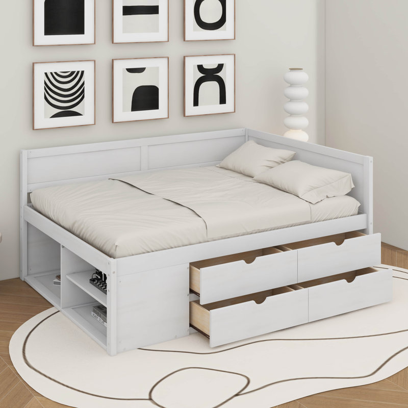 Lit de jour avec tiroirs et tablettes, Lit double, Blanc