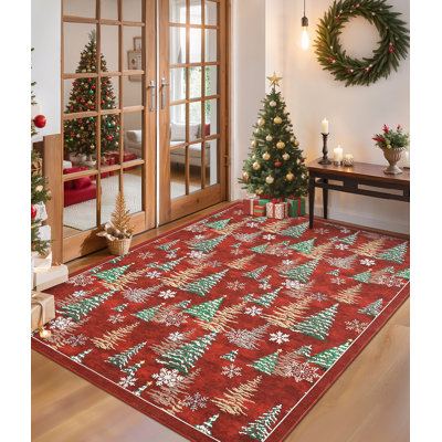 Tapis de Noël lavable, tapis de sol, tapis à motifs sapin de Noël et neige