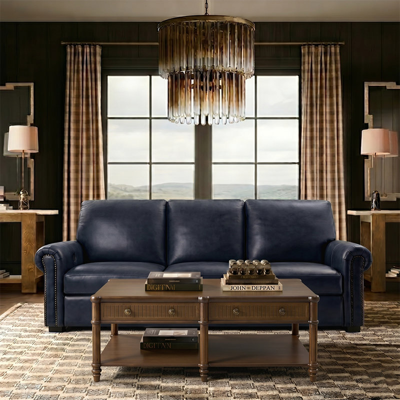  Igon 86.25" Traditional Down-Filled Genuine Leather Power Reclining Sofa, Navy