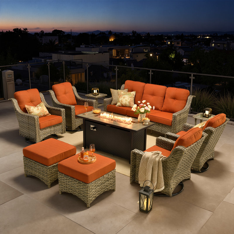 10-Piece Wicker Patio Conversation Set with Swivel Rocking Chairs and 50,000 BTU Fire Pit Table, Striped Orange