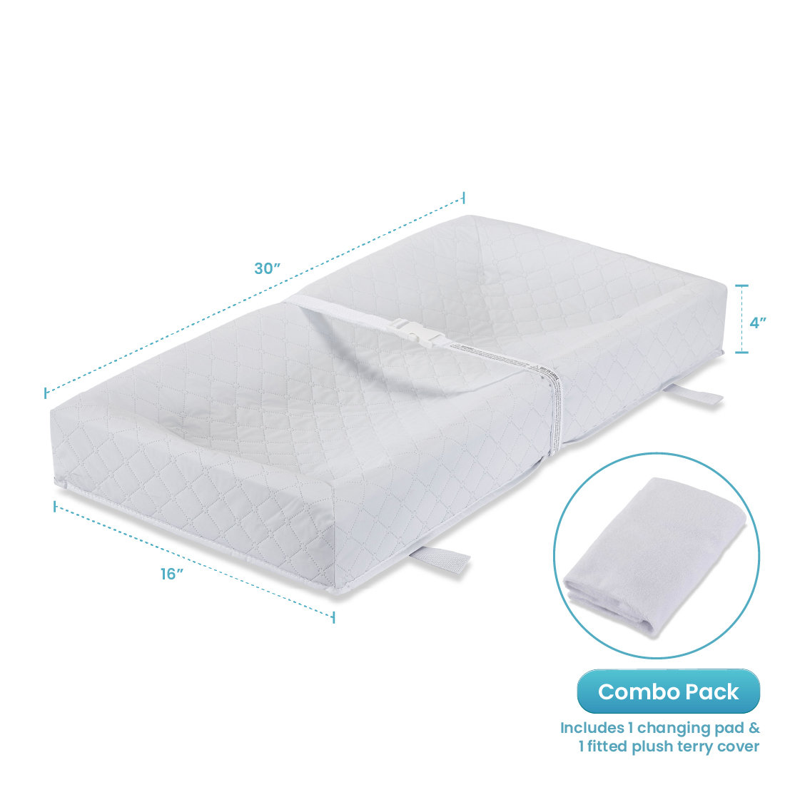 Johnathan Waterproof Changing Pad with Cover, 4" H x 30" W x 16" D, White
