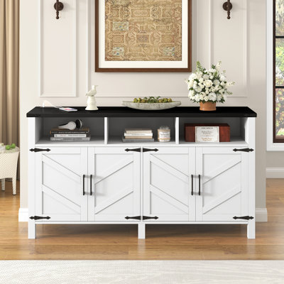 59'' Modern 4-Door Sideboard Buffet with Power Outlets & USB Ports, Adjustable Shelves and Half-Open Storage Cabinet, Metal Accents & Aluminum Handles for Living Room, Dining Room, Entryway