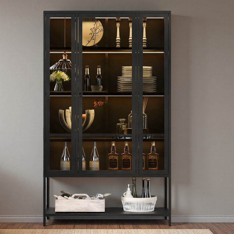 67.25'' Tall Iron Display Cabinet With Glass Door And LED Lights Steel Curio Cabinet For Collectibles Figures Trophies 3-Sided Glass Display Case For Home Office Study Room Stores Playroom