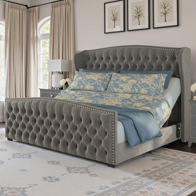 DuJuan 50.8"H Adjustable King Bed with Nailhead Trim Wingback & Deep Button Tufted Headboard, Gray