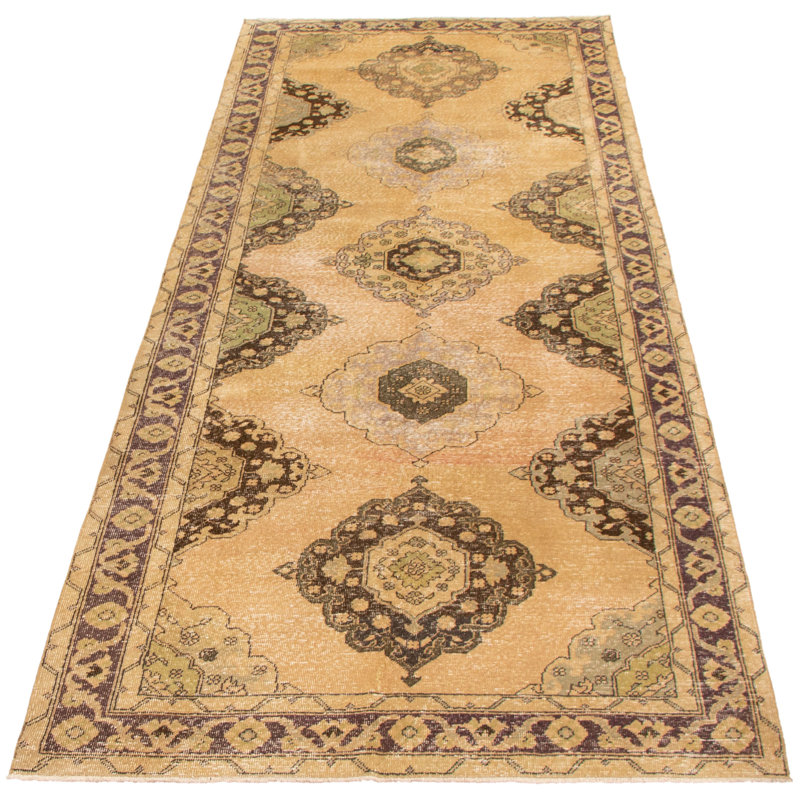 Tapis de couloir vert unique en laine noué à la main de style années 1990 4 pi 8 po x 12 pi 5 po Motonori