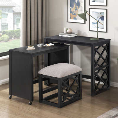 Desks and Stool Set 3pc Finish Rolling Desk with Casters, 2 Charging ports Home Office Furniture