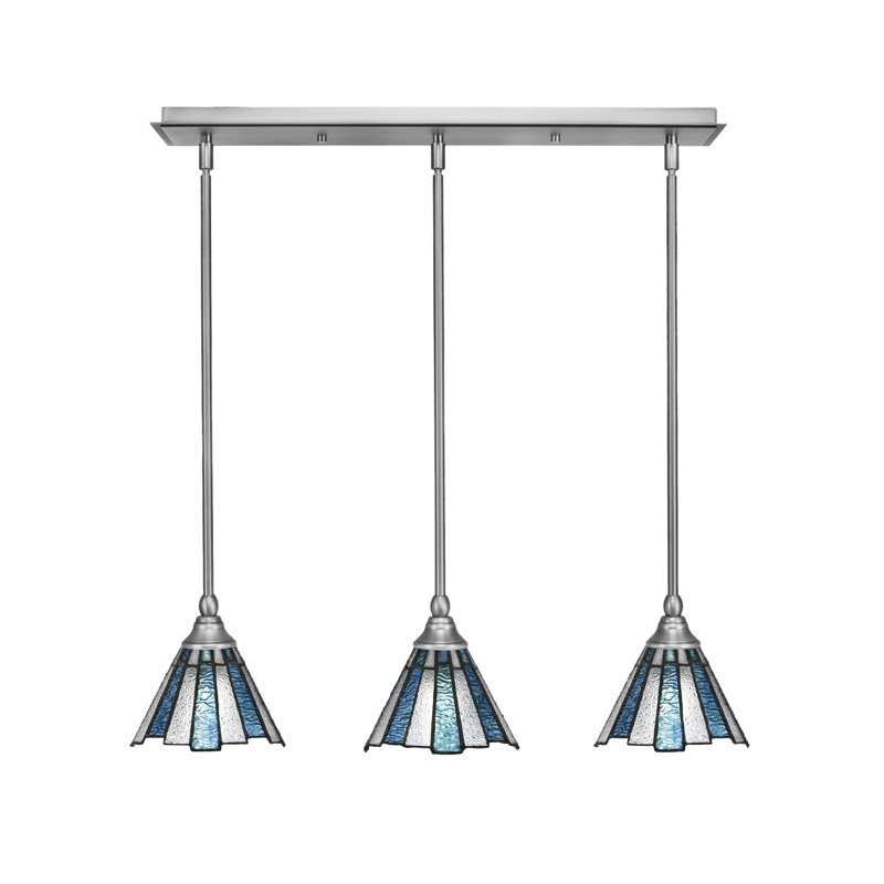 Luminaire suspendu linéaire à 3 lumières suspendu au fini nickel brossé avec verre de glace de mer de 7 po