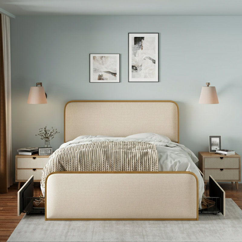 Orla Modern Upholstered Bed With Storage Drawers And Metal Frame, Queen
