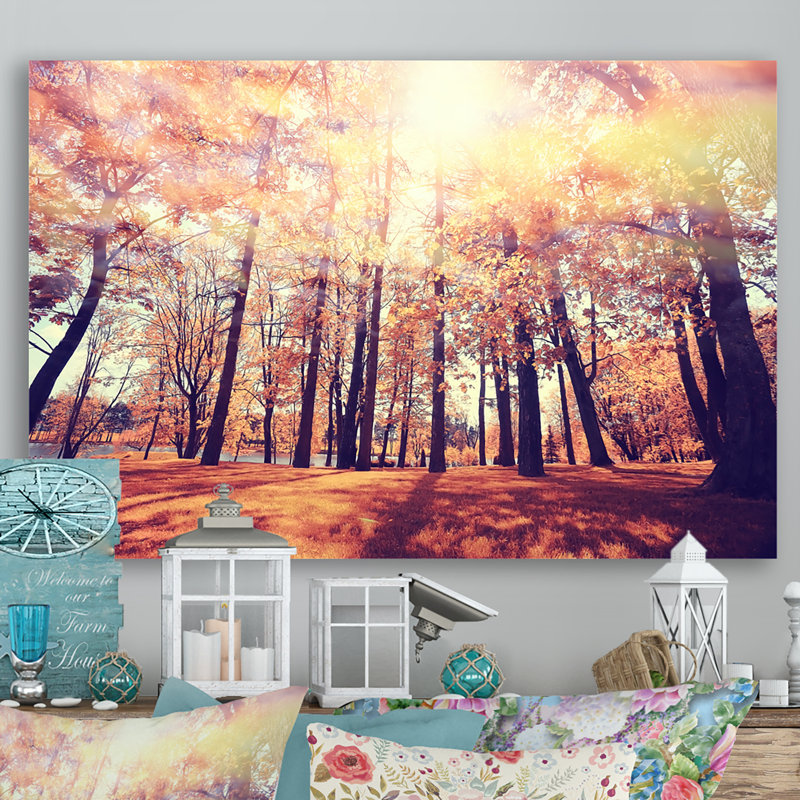 Coucher de soleil mystique dans la forêt d'automne orange - On, H 8 po x l 12 po x P 1 po, Toile tendue