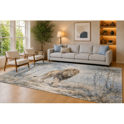 Large 6'7" x 9'10" Blue and Ivory Misty Lion Area Rug for Living Room, Soft Low Pile Carpet with Non-Slip Silicone Backing, Decor for Bedroom Dining Room and Home Office