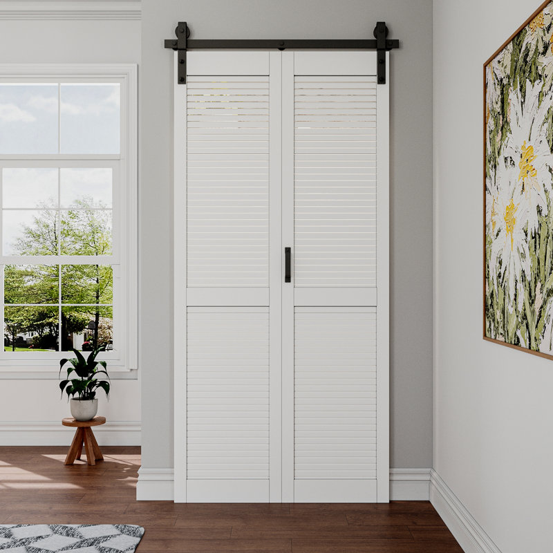 84'' Solid - Manufactured Wood Primed Louvered with Installation Hardware Kit Bi-Fold barn Door, 36” x 84"
