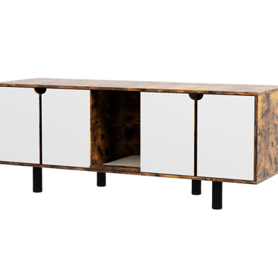 Rustic Brown Hidden Litter Box For Feline Twosome. 2 Cabinets, Sand Drain Pad, Double Doors. Tv Stand Indoor Similarity. 57.9"x18.9"x22.8 Enclosure Two Cats, With Sand-drainage Doors, Use