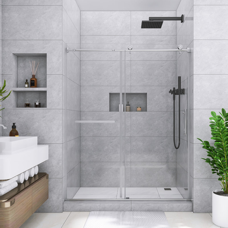 60 In. W X 75 In. H Reversible Sliding Semi-Frameless Shower Door In Chrome Finish
