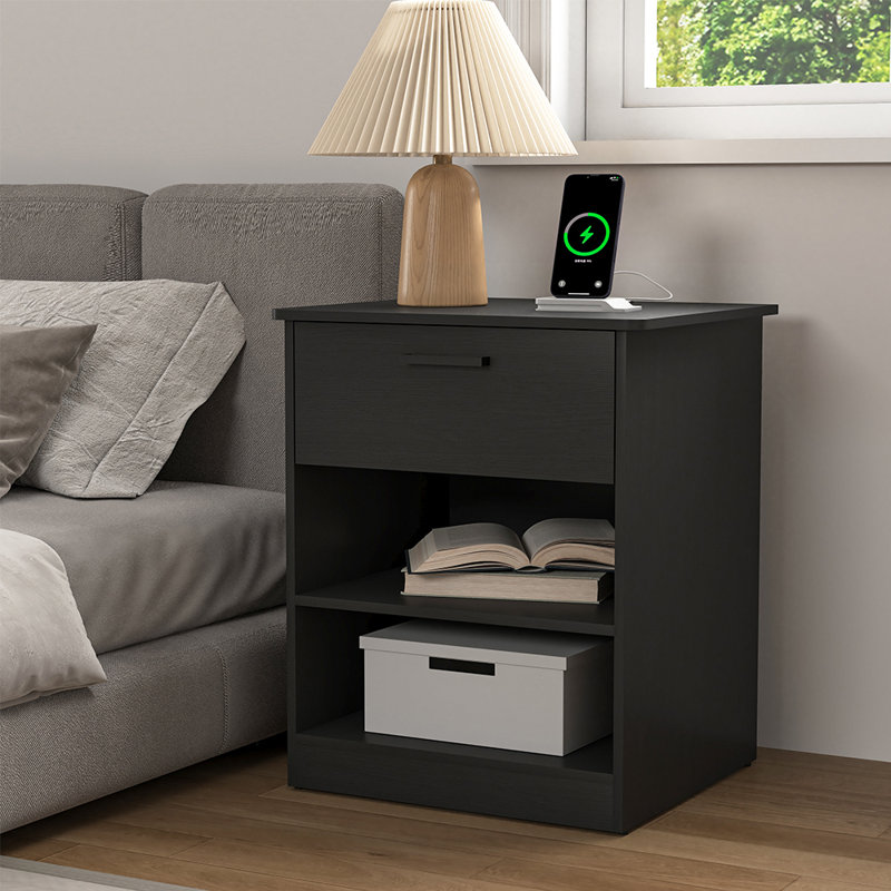 Wooden Nightstand Bedside Table With 1 Drawer And Shelves, End Table For Bedroom, Black